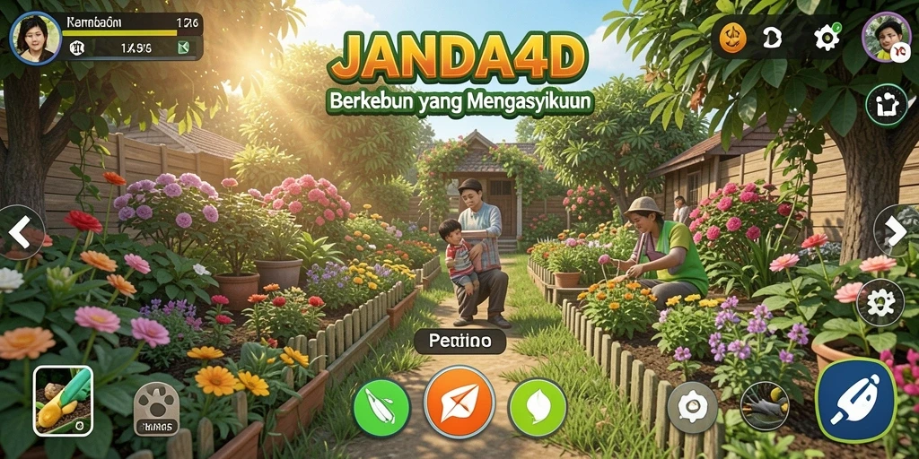 Screenshot gameplay menunjukkan kebun yang hijau dan aktivitas menanam.