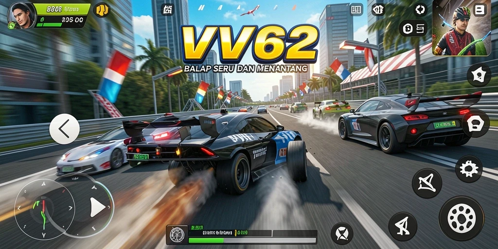 Tampilan gameplay VV62 yang mendebarkan di lintasan balap.